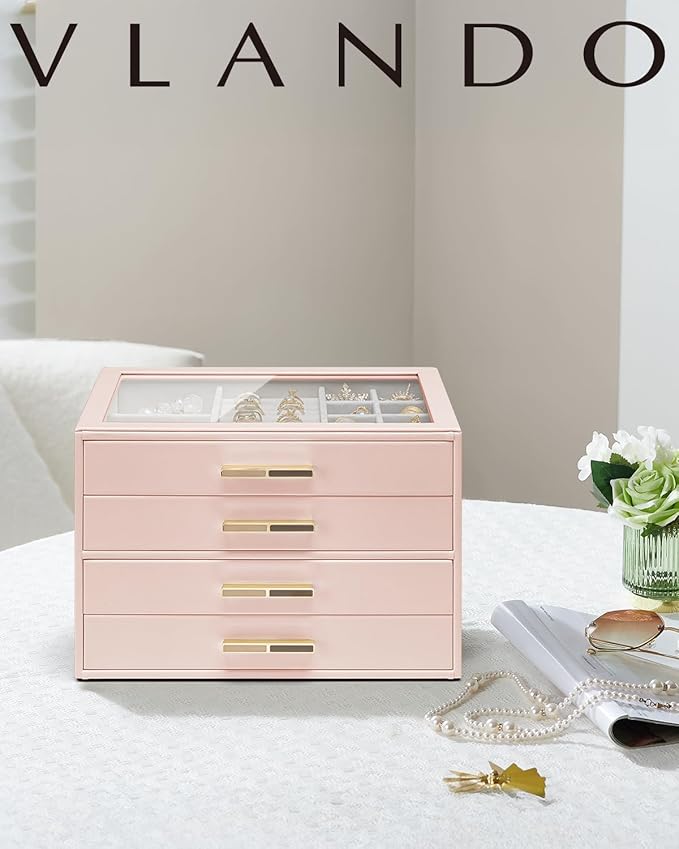 VLANDO 4 Layer Jewelry Box for Women, Glass Lid Jewelry Organizer with 4 Drawers for Necklaces Rings Earrings Bracelets - Dark Pink