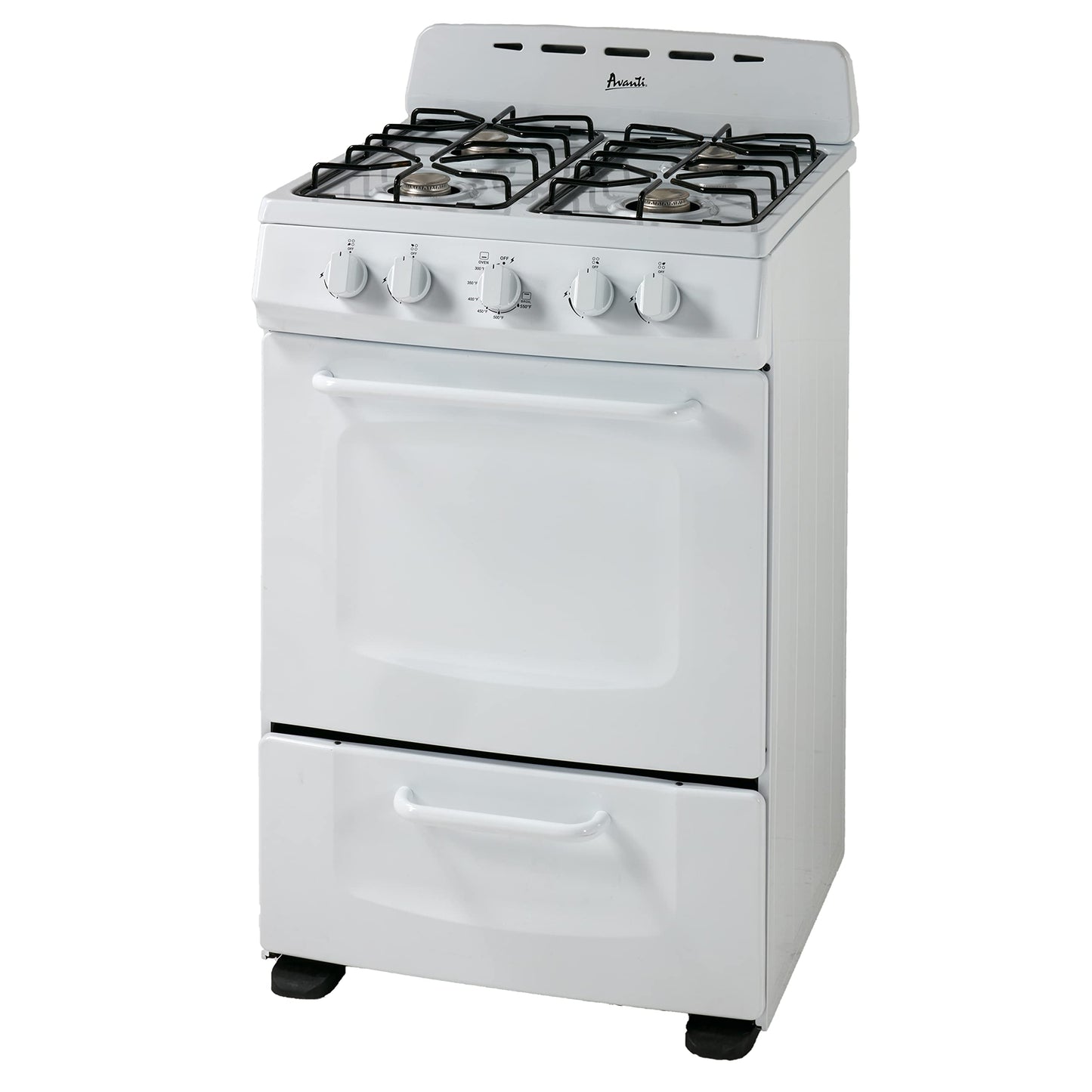 Avanti Gas Range Oven, Compact Freestanding Design, 2.6-Cu.Ft. Capacity 4 Sealed Burners with Electronic Ignition, Includes Broiler Storage Drawer and Accessories, 24-Inch, White