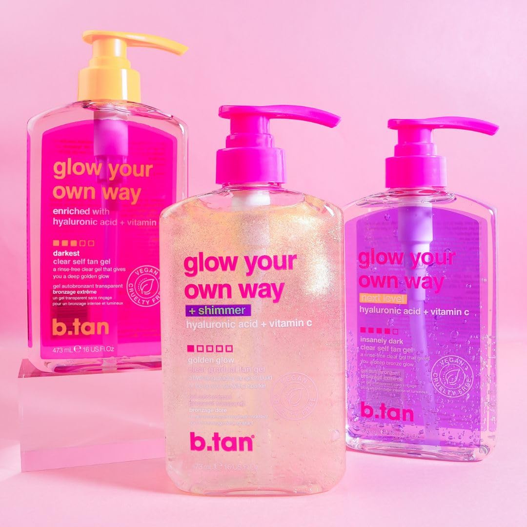 b.tan Clear Gradual Self Tan Gel | Glow Your Own Way Shimmer - Sunkissed Golden Bronze, Transfer Free, Best Extender, Moisturizing, Non Toxic Sunless Tanning Lotion, No Fake Tanner Smell, 16 Fl Oz