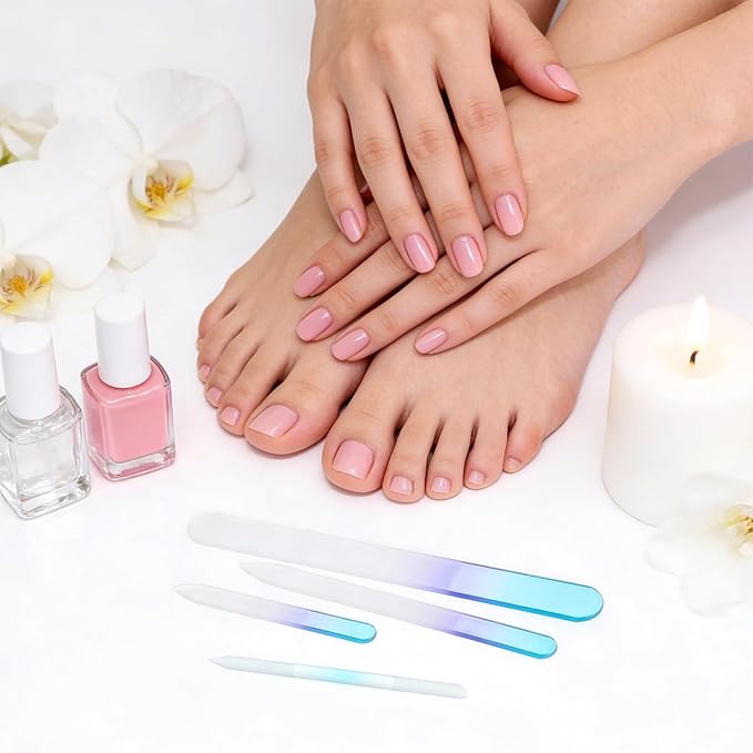 4 Pcs Glass Nail File and Cuticle Pusher Set, Gradient Blue Double Sided Crystal Nail Buffers for Natural Nails and Acrylic Nails Manicure Pedicure Tools