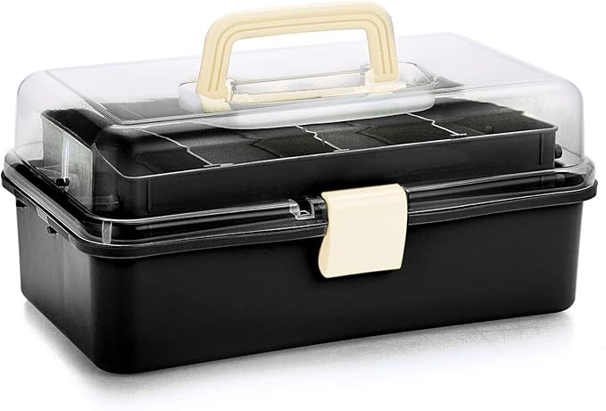 BTSKY 3-Layer Plastic Dividing Storage Box Craft Organizer with Adjustable Spacers Portable Handled Art Supply Organizer Multipurpose Home Utility Box for Sewing (Black+Beige)