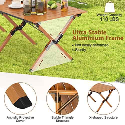 COSTWAY Folding Picnic Table, Roll-Up Aluminum Camping Table with Wood Grain, Portable Low Height Beach Table with Carry Bag for Camping, Picnic, BBQ & Hiking, Easy Assembly, Natural (47¡± x 23¡± x 18¡±)