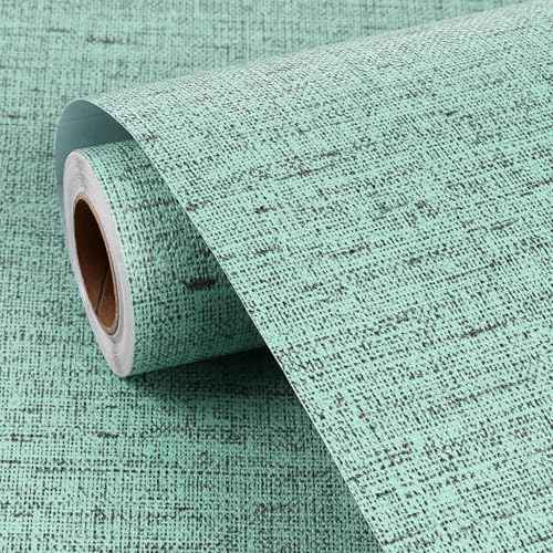 FunStick Light Teal Green Grasscloth Peel and Stick Wallpaper Textured Removable Renter Friendly Wall Paper for Bedroom Bathroom Walls Blue Aqua Green Kitchen Cabinet Contact Paper Waterproof 16"x80"