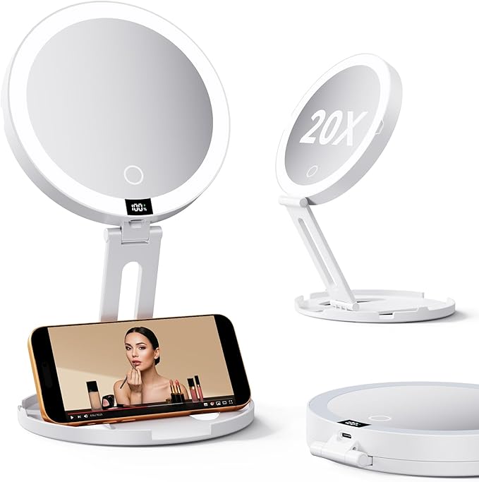 Travel Makeup Mirror with Lights (Gen 3) - 20X/1X Dual Sided Magnifying Mirror with Digital Power Display - Rechargeable, 3 Color Dimmable, CRI 95+ - Portable Folding Design