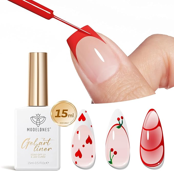modelones Red French Tip Liner Gel Polish, 15 ML Bright Apple Red Valentine's Day Nail Art Paint Swirl with Ultra Fine Line Brush Soak Off U V DIY Home Salon Professional Manicure Gift for Women