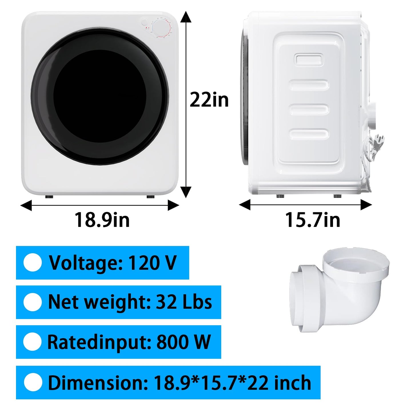 Stopsad 1.6 Cu.Ft Portable Clothes Dryer, 800W Fast Drying Front Load Laundry Dryer with 5 Mode, Mini Electric Clothing Dryer with Stainless Steel Tub, Compact Machine for Apartment, Home, Dorm