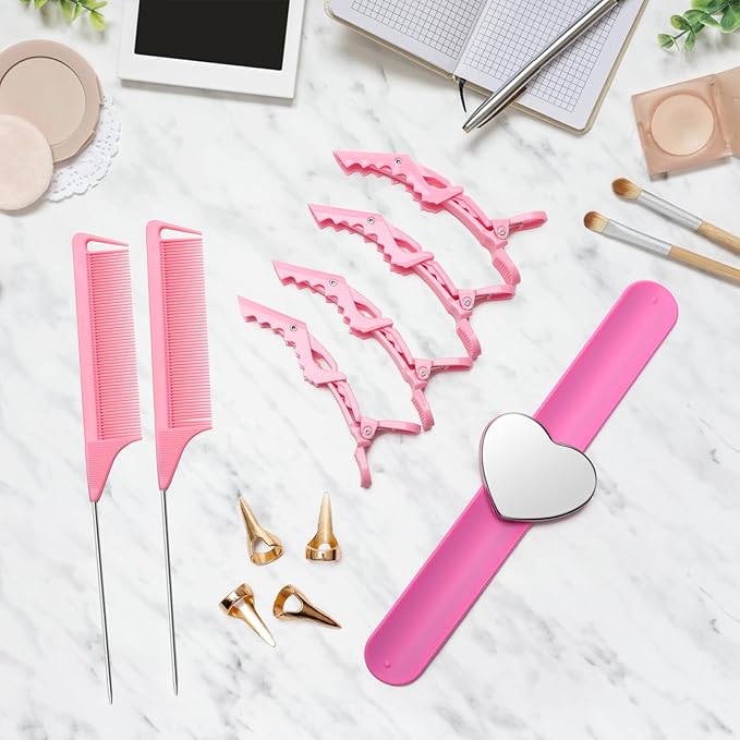 17 Pieces Hair Parting Tools Set Heart, Included 8P Hair Parting Ring 2P Metal Rat Tail Comb 6P Hair Sectioning Clip with 1P Magnetic Wrist Sewing Pin Holder for Braiding (Pink)