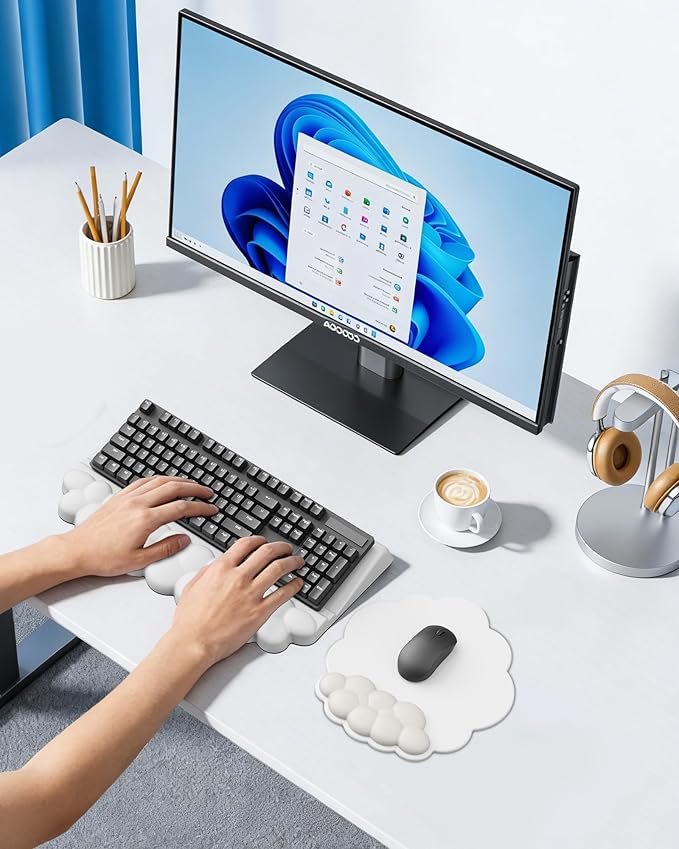 Laborio Cloud Wrist Rest for Keyboard and Mouse for Desktop, PU Leather Cloud Computer Keyboard Stand with Mouse Pad, Key Board Wrist Support Riser, Angle Adjustable Arm Rest(White)