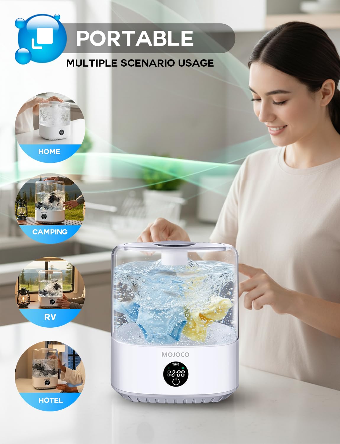 MOJOCO Mini Washing Machine - 3L Small Portable Washing Machine with 3 Wash Modes for Underwear, Socks & Baby Clothes - Rechargeable Countertop Mini Washer for Dorms, Hotels, Travel & Camping