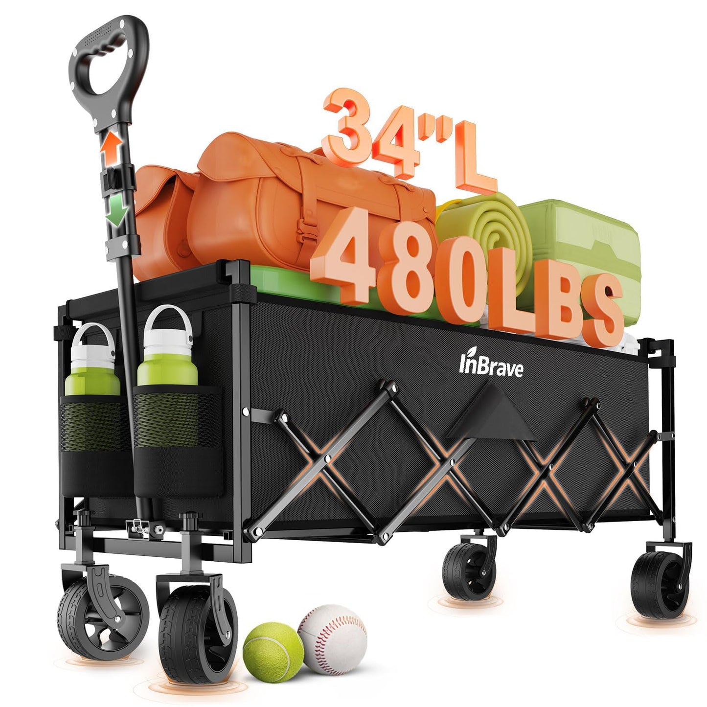 InBrave Extra Long Collapsible Wagon Cart, 480LBS Heavy Duty Utility Wagons with All-Terrain Wheels, Foldable Grocery Carts for Gardening, Shopping, Beach, Camping, Black