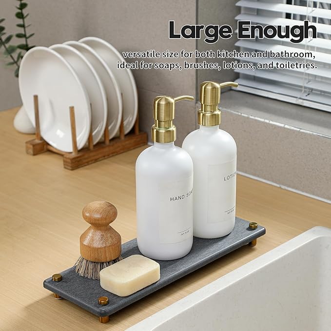 Kitchen Sink Caddy Water Absorbing Stone Drying Tray, Diatomite Bathroom Sink Organizer, Faucet Counter Mat Coaster, Soap Dish Rack Riser Dispenser Sponge Holder, Dark Gray Gold -12.5" x 4.5"