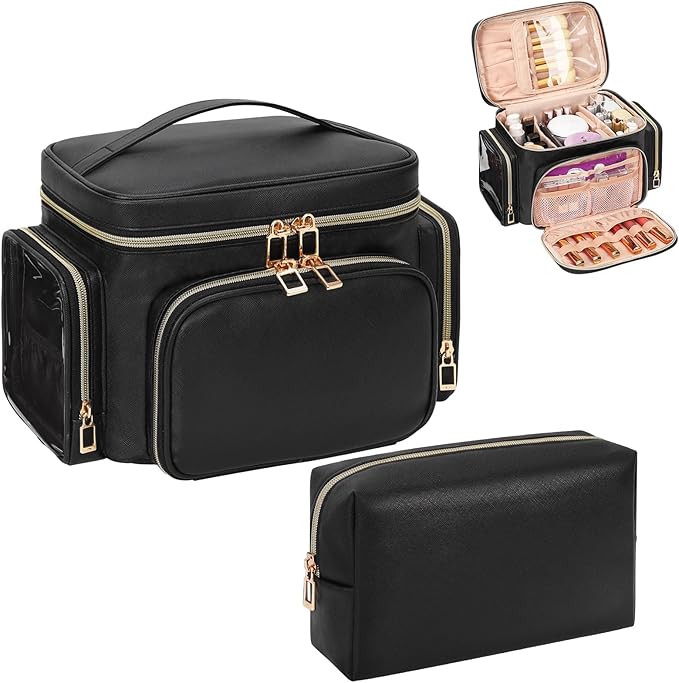 Makeup Bag Set, Portable Travel Makeup Bag Organizer for Women Cute Cosmetic Pouch Large Capacity with Makeup Brush Compartment, Cosmetic Travel Bag with Divider and Handle Toiletry Bag - Black