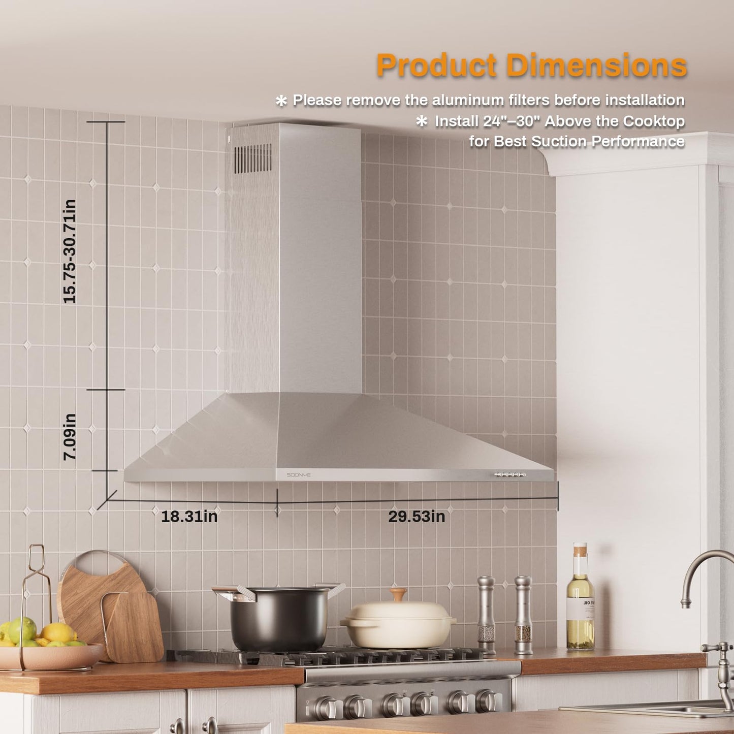 Soonye 30 Inch Wall Mount Range Hood Stainless Steel Ducted/Ductless Convertible Kitchen Exhaust Hood with 450 CFM Motor, 3 Speed Fan, LED Lighting and Dishwasher Safe Filters
