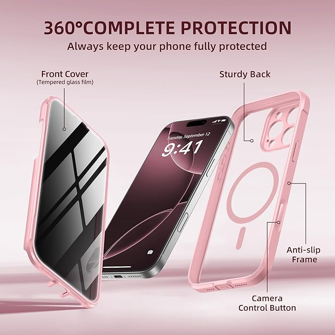 BERFY Magnetic for iPhone 16 Pro Case, Compatible with MagSafe, Built-in Privacy Screen Protector and Upgraded Camera Protection, Anti-Spy Full Body Shockproof Phone Case for 16 Pro 6.3", Pink