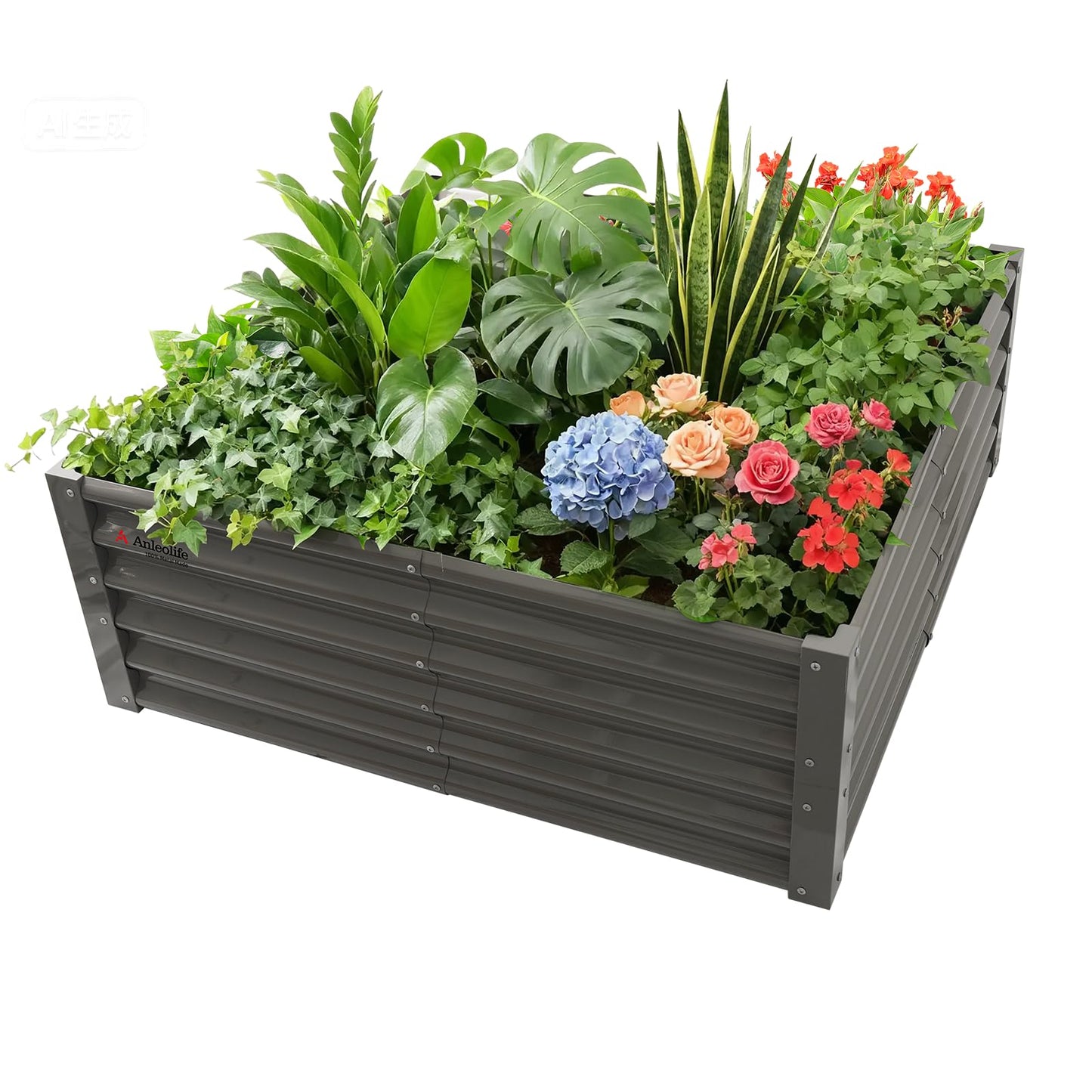 A ANLEOLIFE 4X4X1.5 ft Galvanized Raised Garden Beds Outdoor, Square Metal Planter Box for Planting Vegetables Flowers Herb, Anti-Rust & Easy-Setup, Quartz Grey