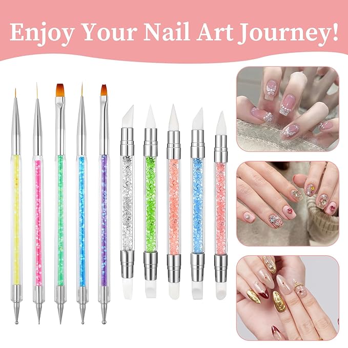 10Pcs Nail Art Brush Set, Nail Art Sculpture Pen Dual Tipped Silicone Nail Tools Acrylic Gel Nail Brush Crystal Handle Liner Brushes Rhinestone Nail Polish Carving Pen Nail Art Tools for Home Salon