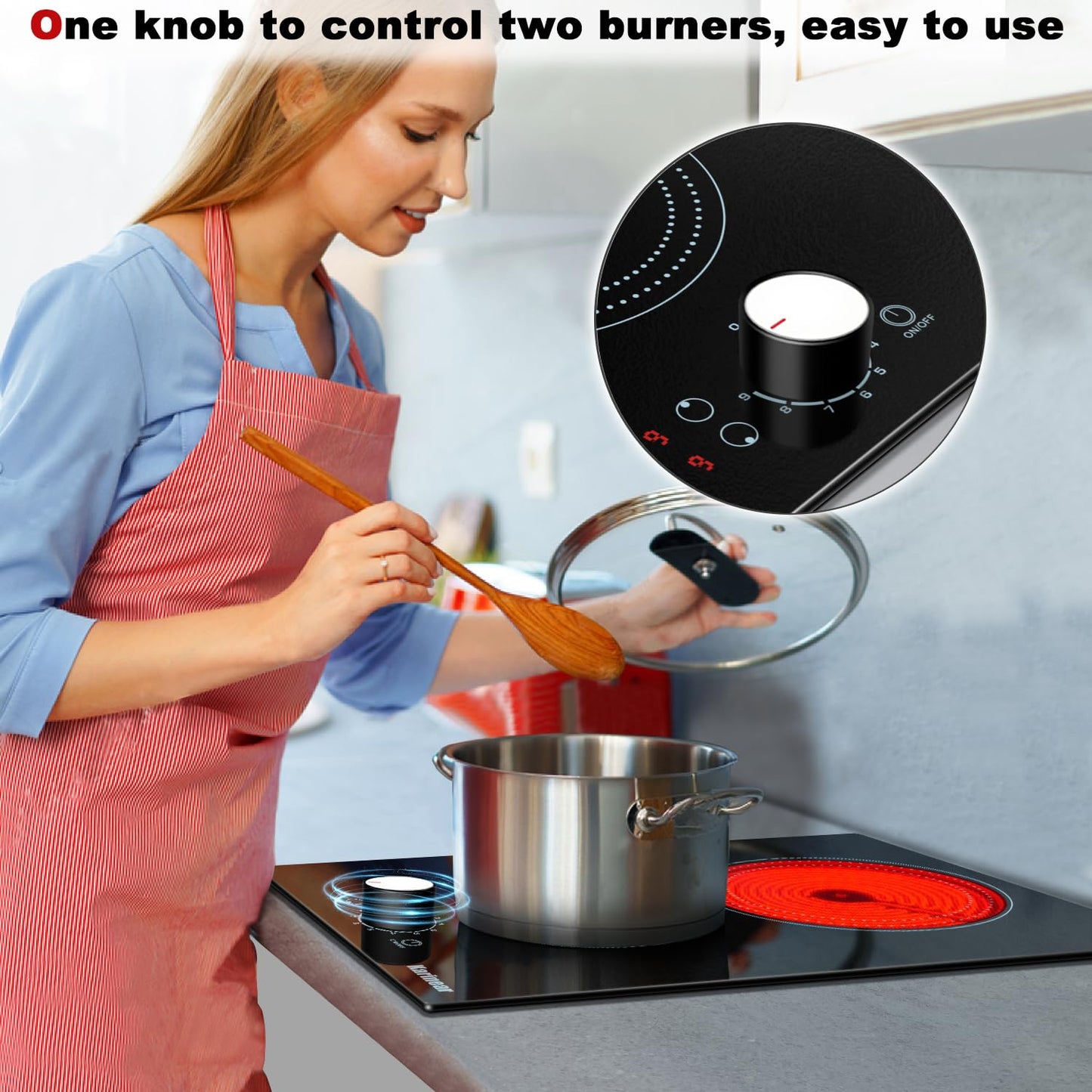 Karinear 110V Electric Cooktop 2 Burners, 19 Inch Electric Stovetop Knob Control, 110v Outlet Plug, Countertop Use or Built-in Radiant Ceramic Cooktop, 9 Power Level