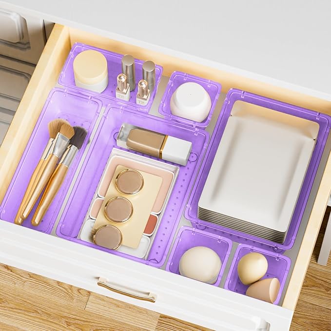 SpaceHacks 15 PCS Clear Plastic Drawer Organizer Set, 4-Size Acrylic Drawer Storage Trays, Storage Bins for Makeup, Gadgets, and Jewelry in Bathroom, Bedroom and Office, Clear Purple