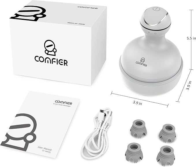 COMFIER Electric Scalp Head Massager with 4 Soft Silicone Massage Heads, Portable Hair Massager for Hair Growth, Relieve Stress, Head Scratcher for Deep Relaxation, Dog Cat Massager, Gray