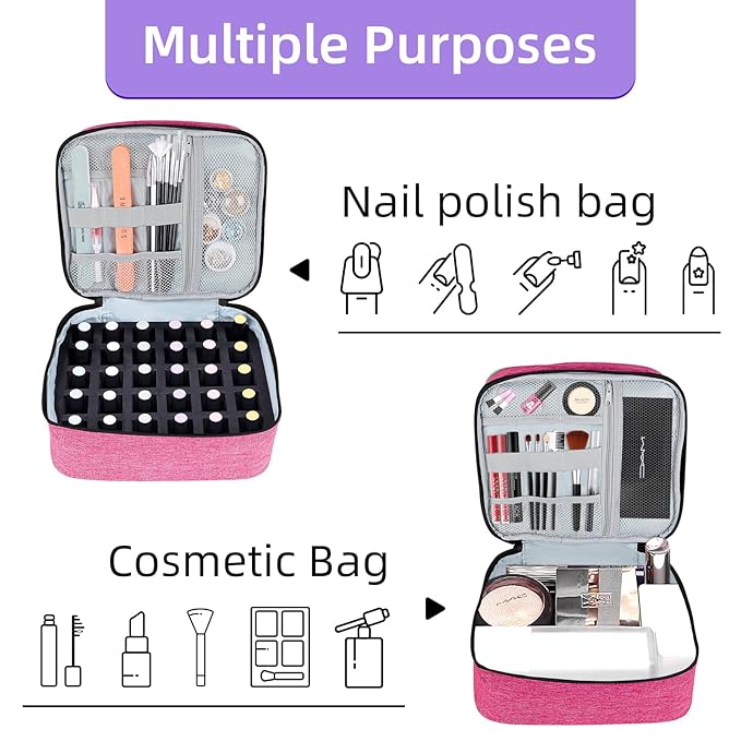 Nail Polish Organizer Holds 30 Bottles (15ml - 0.5 fl.oz) Double-layer Gel Nail Polish Kit Case, Nail Holder for Nail Lamp, Portable Nail Organizer and Storage for Nail Supplies (Rose)