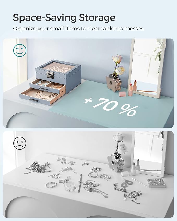 SONGMICS GISELLA Collection - Jewelry Box Organizer, 3-Layer Jewelry Storage with 2 Drawers, Shiny Metal Hardware, Glass Lid, Modern, 8 x 9.1 x 5.3 Inches, Smoky Blue and Silver Color UJBC239BU