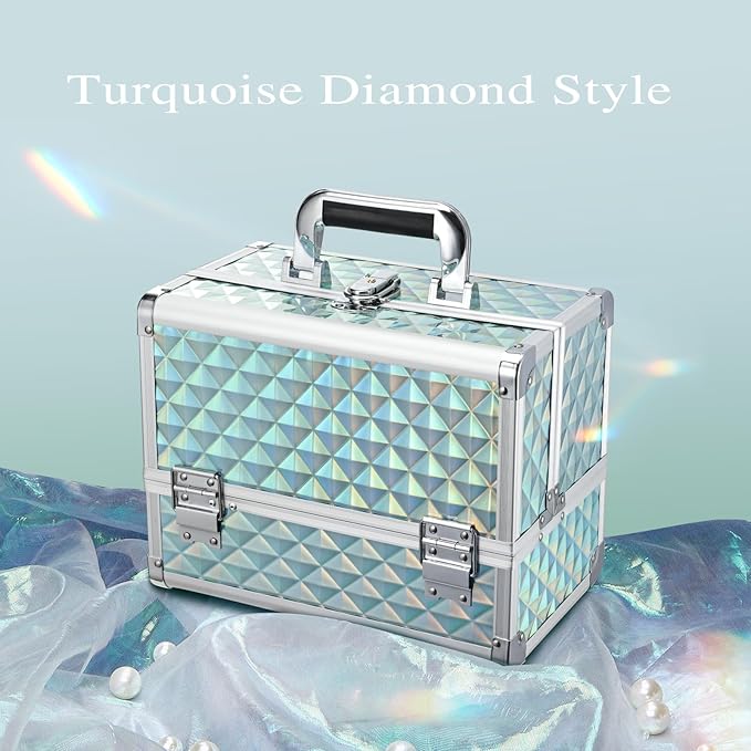 Joligrace Makeup Box 11.6-Inch Cosmetic Train Case for Women Travel Jewelry Organizer with Compartments & Mirror Portable Lockable Make-up Trunk Turquoise