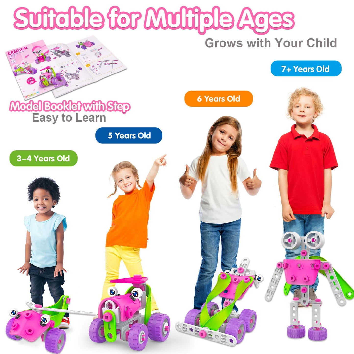 STEM Toys for 4 5 6 7 8+ Year Old Girl Birthday Gifts Pink Educational Building Toys for Kids Ages 4-8 5-7 8-10 Stem Activities Construction Toy for Girls 4-6 6-8 Creative Games Christmas Idea Gift
