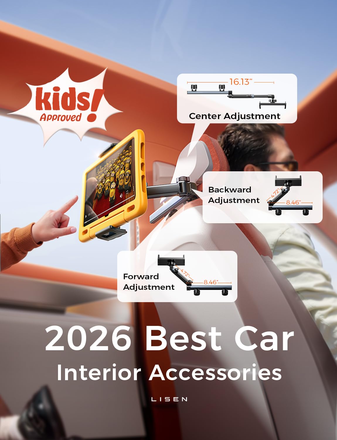 LISEN for iPad Holder Car Road Trip Travel Essentials Activities for Toddler Kids Gifts, Car Accessories for Women Interior Men Truck 3in1 Tablet Holder Back Seat Car Camping Headrest Organizer