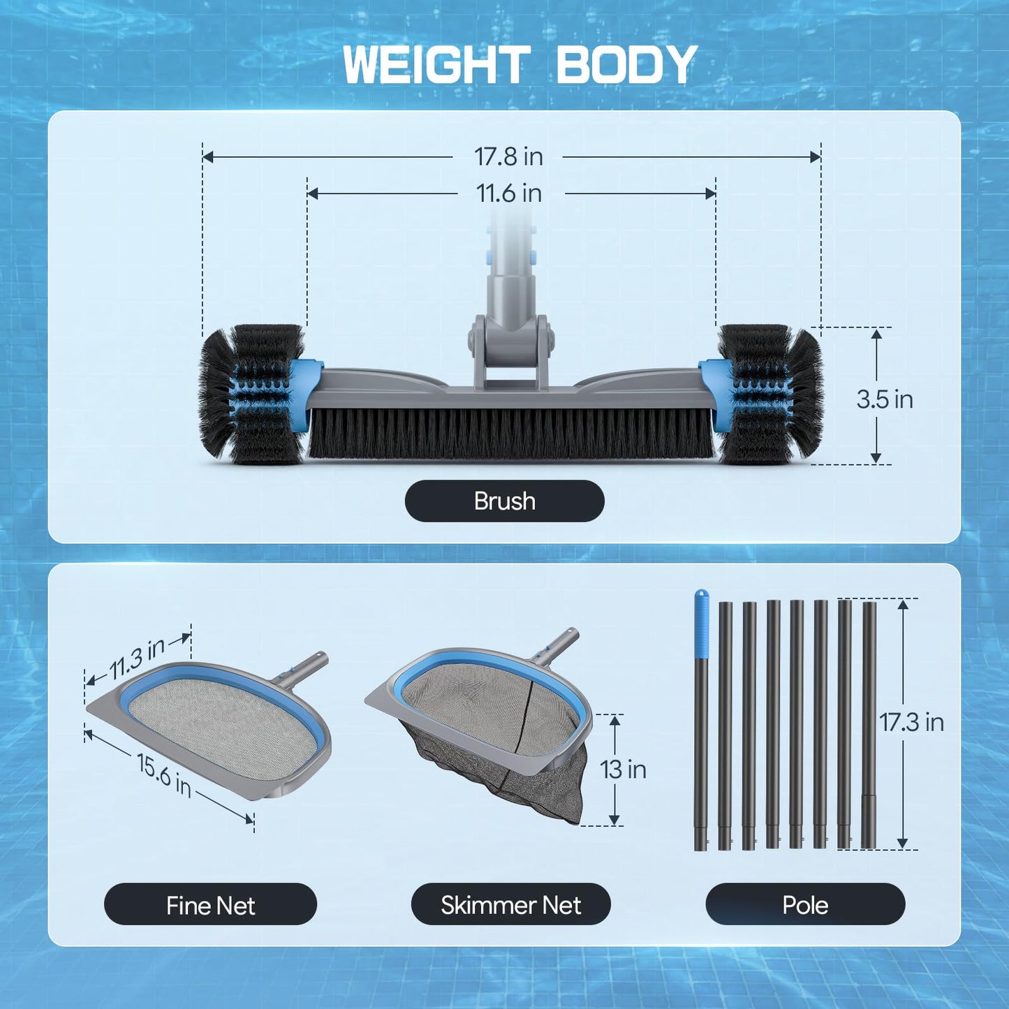 UIRWAY 4-in-1 Deluxe Swimming Pool Cleaning Kit - Includes Detachable Pool Brush, Heavy Duty Deep Leaf Skimmer Net, Fine Mesh Net, Extendable Aluminum Pole for Inground & Above Ground Pools Cleaning