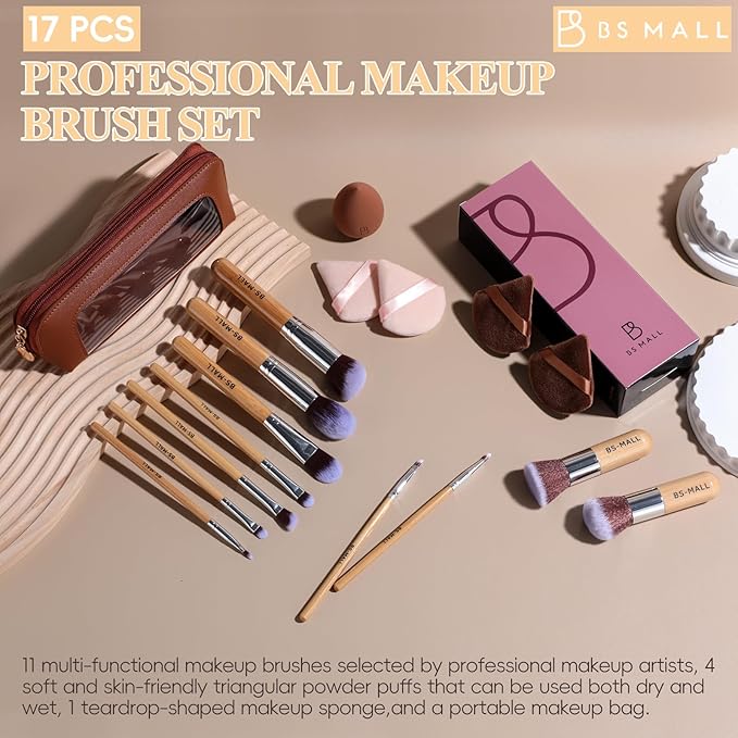 BS-MALL Makeup Brush Set 11Pcs Bamboo Synthetic Kabuki Brush Set Foundation Powder Blending Concealer Eye shadows Blush Cosmetics Brushes with Organizer Bag & Makeup Sponge (Bamboo 17)
