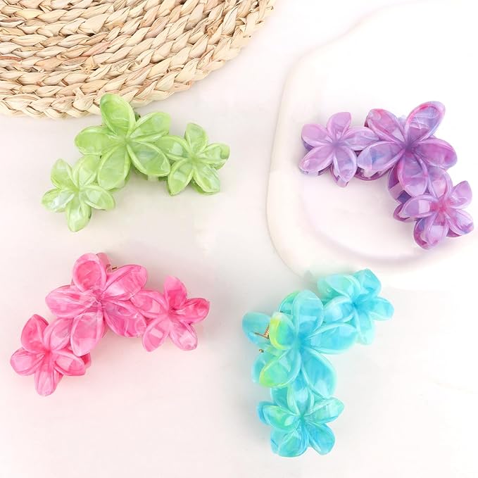 ANBALA 4Pcs Hawaiian Flower Hair Clips Plumeria Flower Claw Clips for Women Summer Beach Hair Accessories (Colorful)