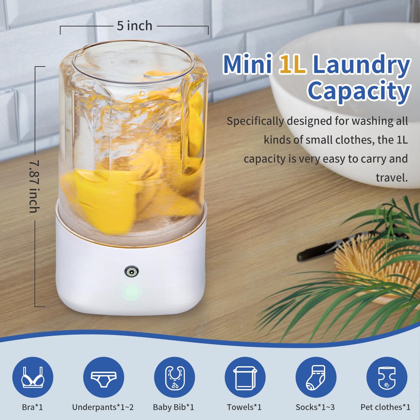 Anbanglin Mini Portable Washing Machine - USB Rechargeable 1L Small Washer with 2 Modes Deep Cleaning for Underwear, Socks & Baby Clothes, Compact Travel Laundry for Apartment, Dorm, Camping, White