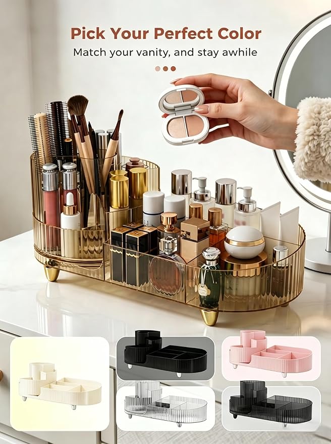 Booklov Rotating Makeup Organizer for Vanity, Large Capacity Cosmetic Display Case, Clear Acrylic Countertop Beauty Storage Holder for Skincare, Brush Eyeshadow Lipstick, Counter Desk, Crystal Amber