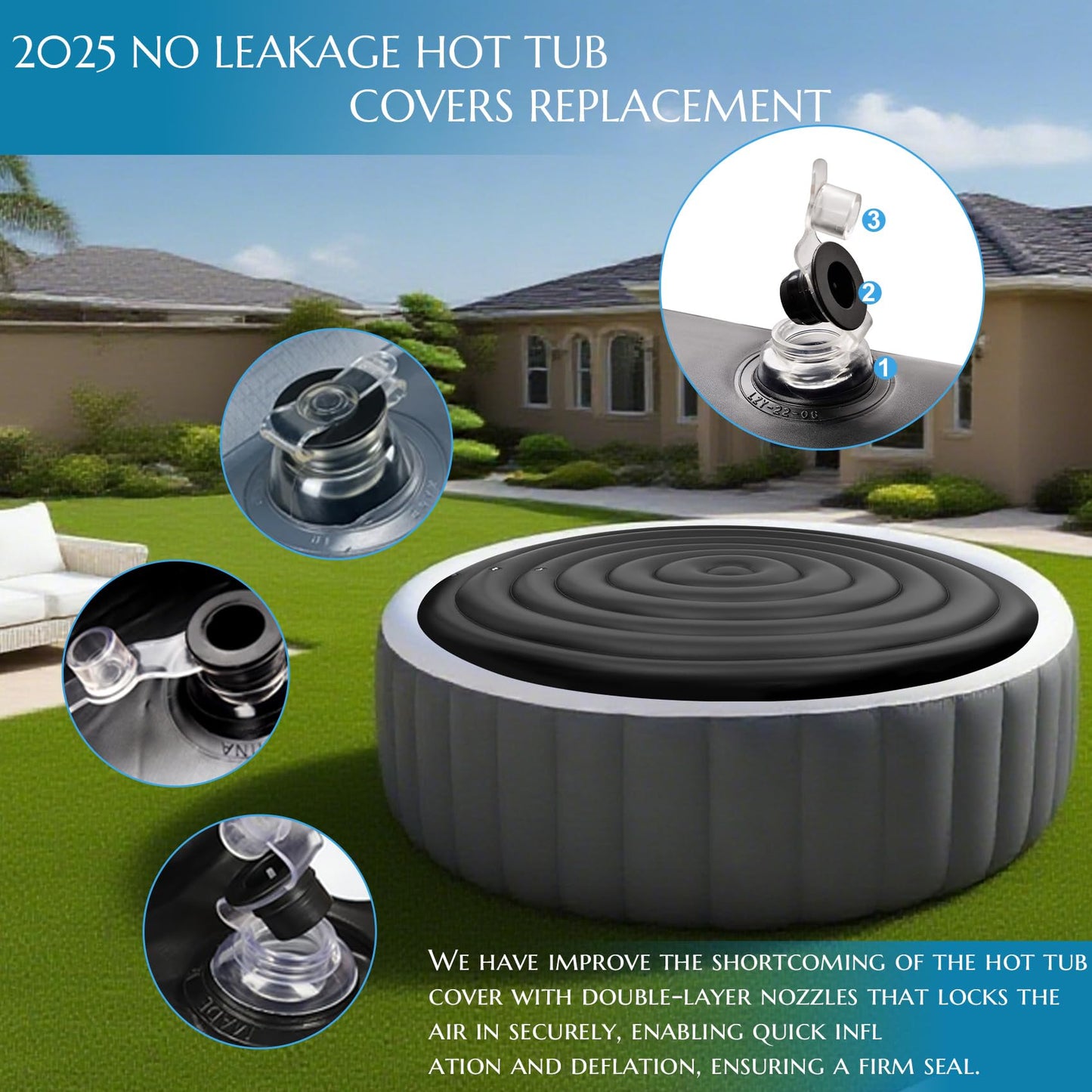 Inflatable Hot Tub Cover Round, Fits Saluspa Coleman Intex Cover, Thermal Insulated & Energy-Saving Weatherproof Protector, Unique Design Flexible Adjust Pool Cover Size Replacement-Life Time Support