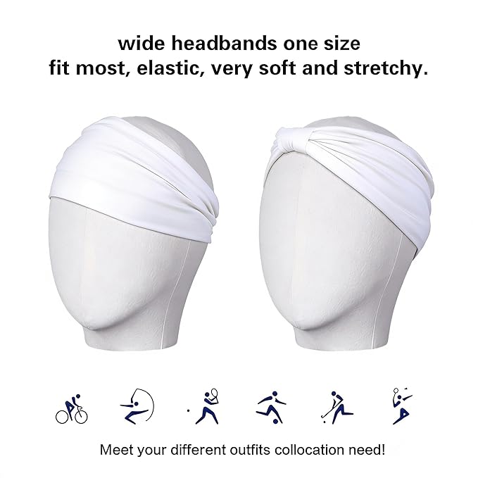2 Pack White Wide Headbands for Women - Thick Stretchy Non Slip Fabric Sweat Bands, Soft Hair Bands for Workout, Running, Spa, Makeup & Washing Face