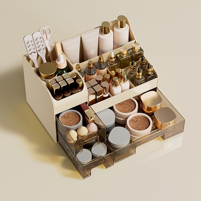 Makeup Organizer with Drawers,Large Cosmetic Storage Box,Countertop Skincare Organizer,ABS Makeup Brush Holder for Bathroom,Desk,Dresser,Multifunctional Beauty Display Case,Cream transparent