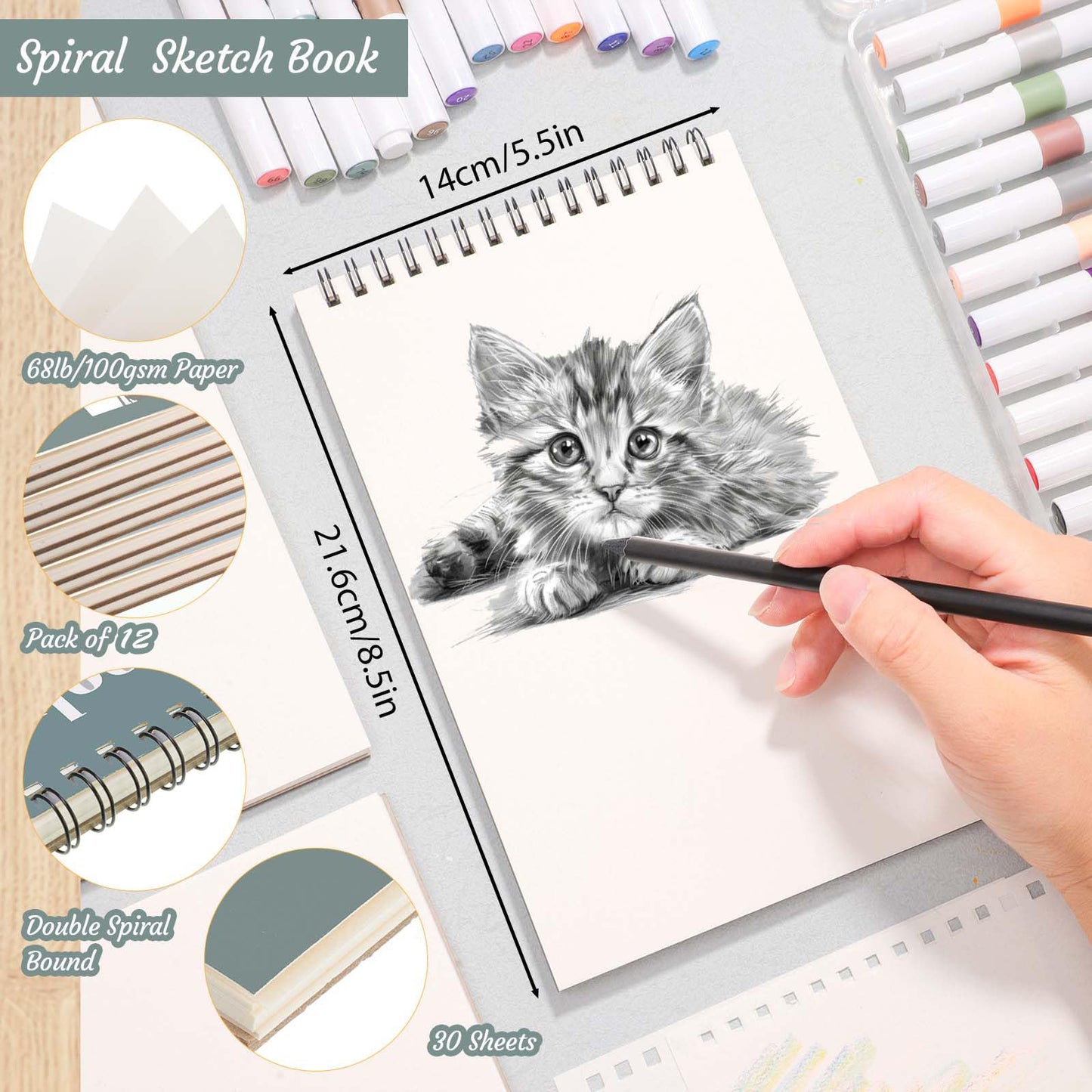 12 Pack Sketch Book, 5.5 x 8.5 Inch Sketchbook, 68lb/100gsm Top Spiral Bound Sketch Pad, Acid Free Art Supplies Drawing Painting Sketching Paper for Adults, Beginners, Artists (30 Sheets Each)
