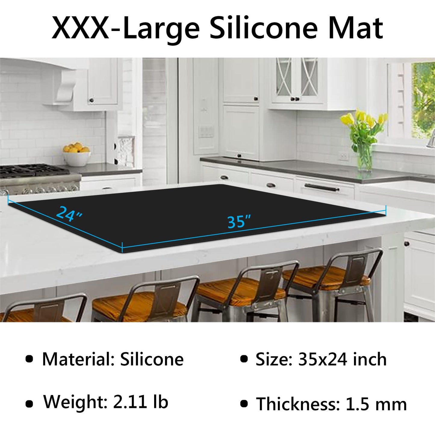 Gartful Silicone Mat for Kitchen Counter, 35" by 24" Extra Large Countertop Protector, 0.06" Thick Multipurpose Mat, Heat-Resistant Placemats, Desk Saver Pad, Table Dish Mat, Nonstick, Nonskid, Black