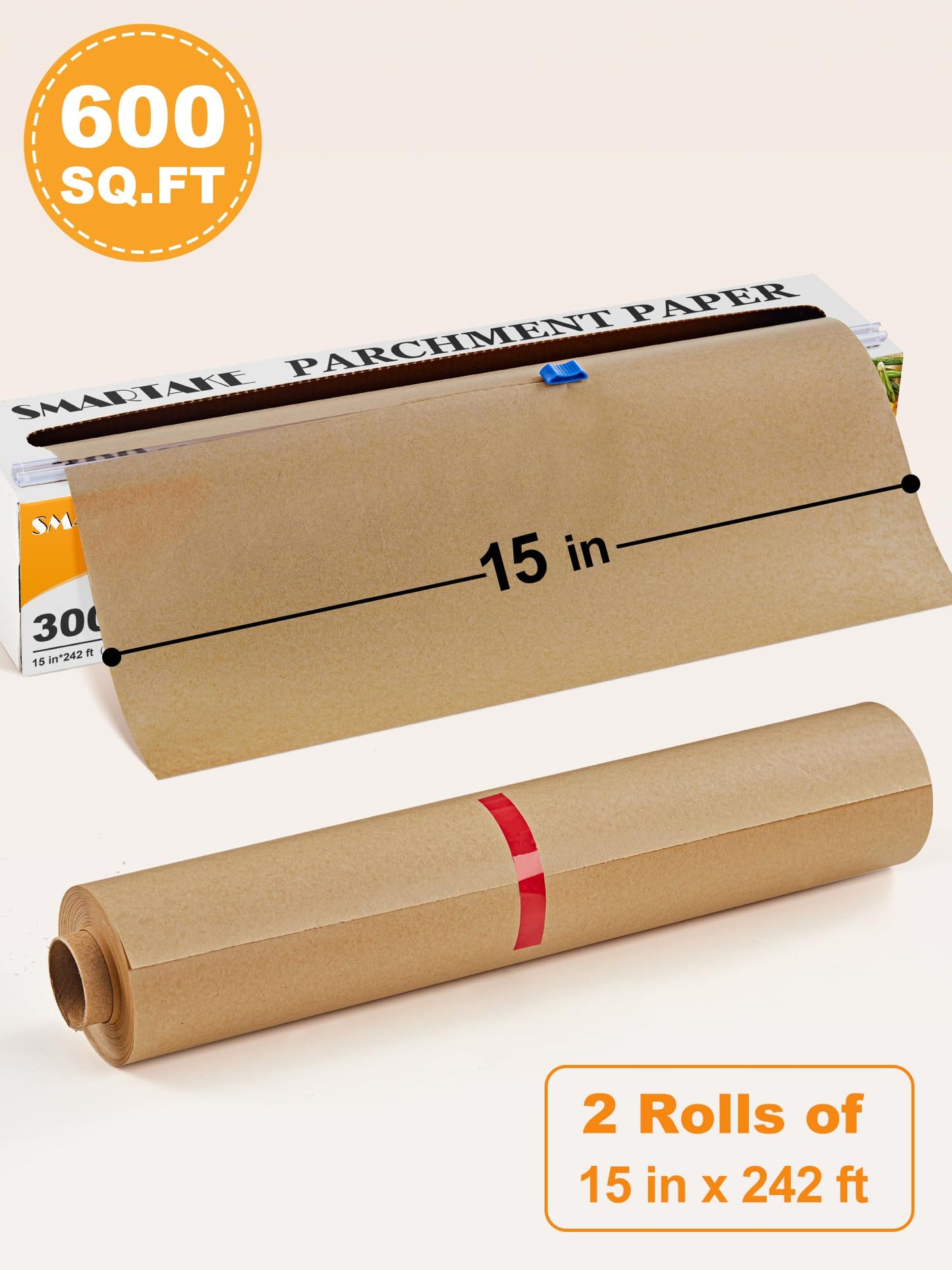 SMARTAKE Parchment Paper Roll for Baking, 2-Pack of 15 in x 242 ft, 600 sq.ft, Non-Stick Baking Paper Sheets with Slide Cutter, Heavy Duty Extra Long, for Kitchen Baking Cooking Grilling, Unbleached