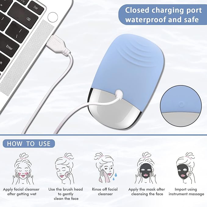Facial Cleansing Brush, 3-in-1 Electric Silicone Face Scrubber, Vibrating Massager, IPX7 Waterproof, USB Rechargeble Pore Brush for Deep Cleanning, Blackhead Remover, Exfoliating (Blue)
