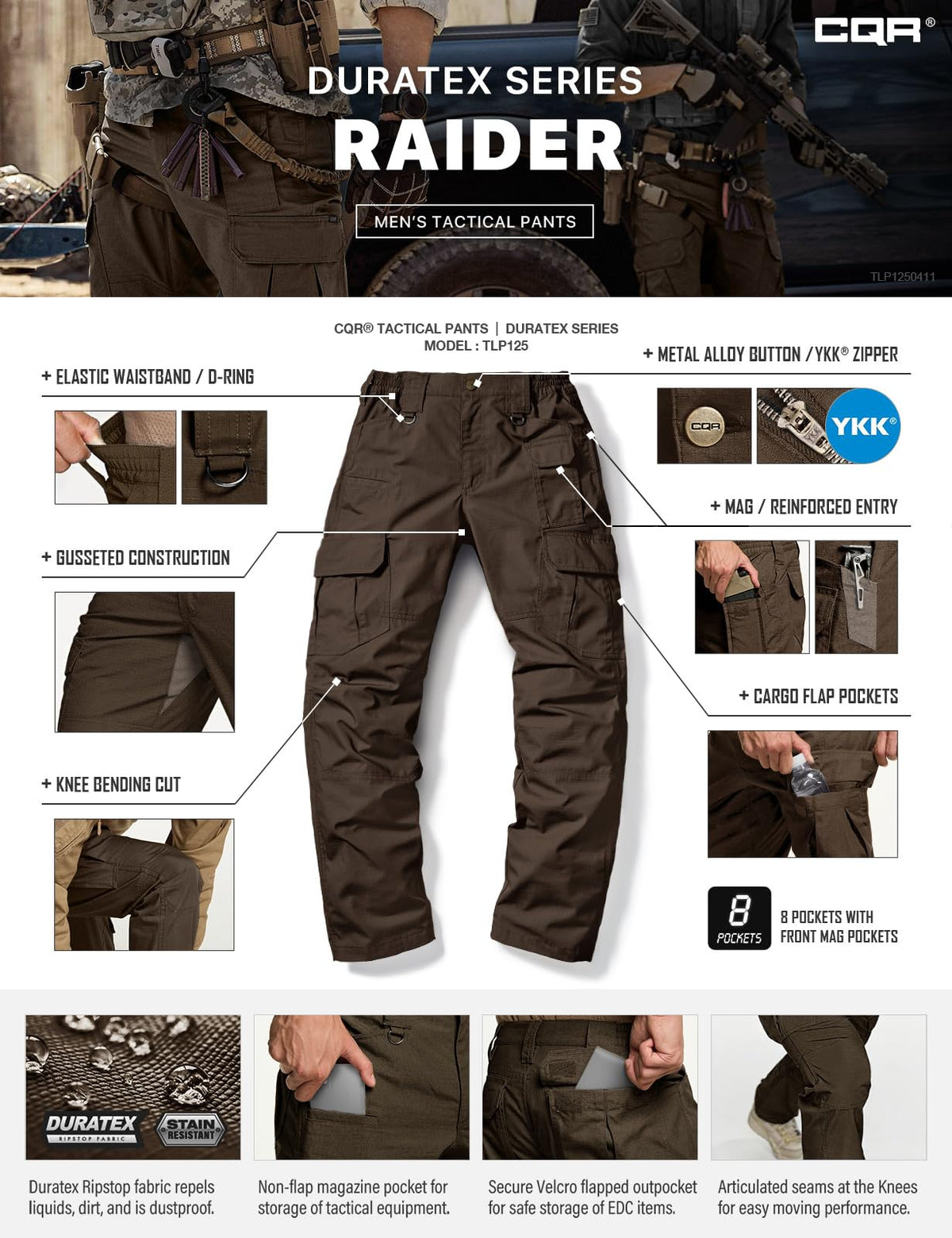 CQR Men's Tactical Pants, Water Resistant Ripstop Cargo Pants, Lightweight EDC Work Hiking Pants, Outdoor Apparel, Duratex Mag Pocket Dark Brown, 36W x 30L