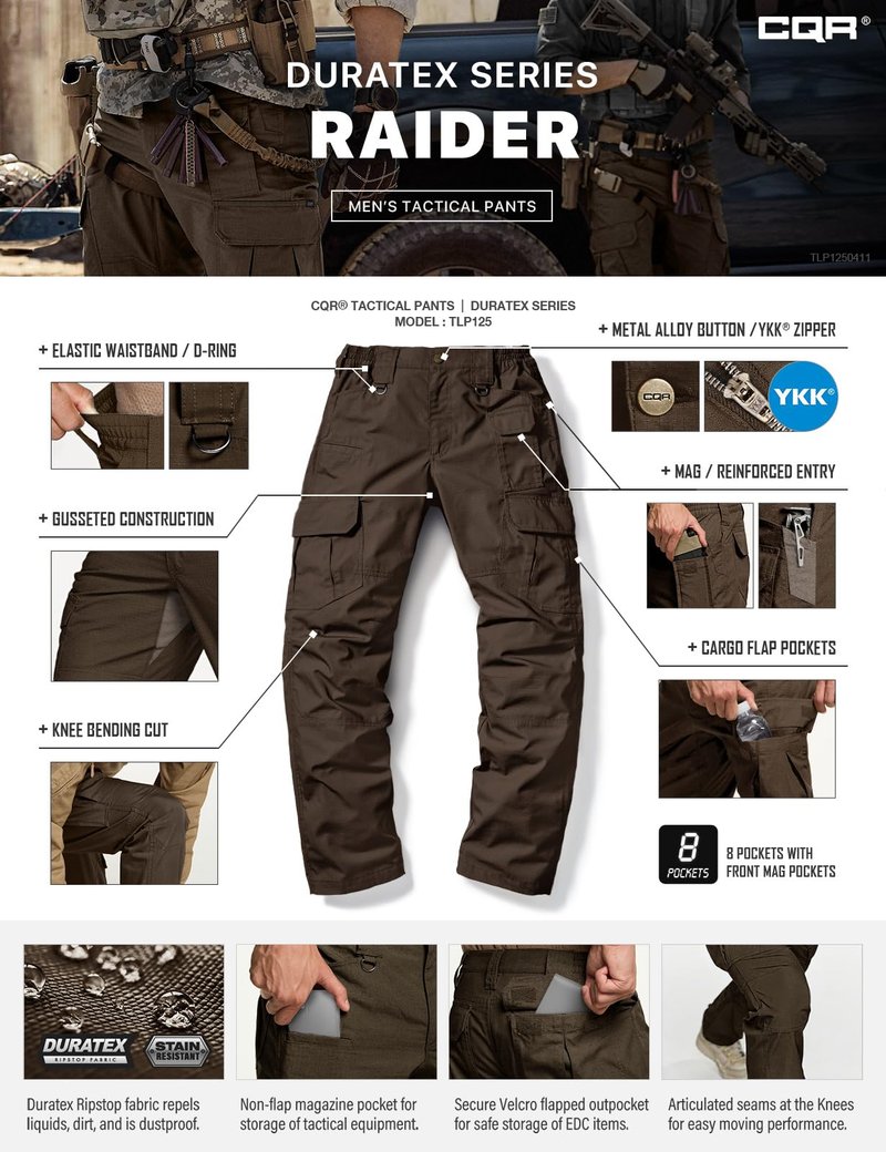 CQR Men's Tactical Pants, Water Resistant Ripstop Cargo Pants, Lightweight EDC Work Hiking Pants, Outdoor Apparel, Duratex Mag Pocket Dark Brown, 32W x 32L