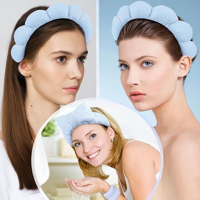 6 Pcs Puffy Terry Cloth Headbands and Wristbands - Sponge Makeup Removal Shower Masks for Skincare and Face Washing