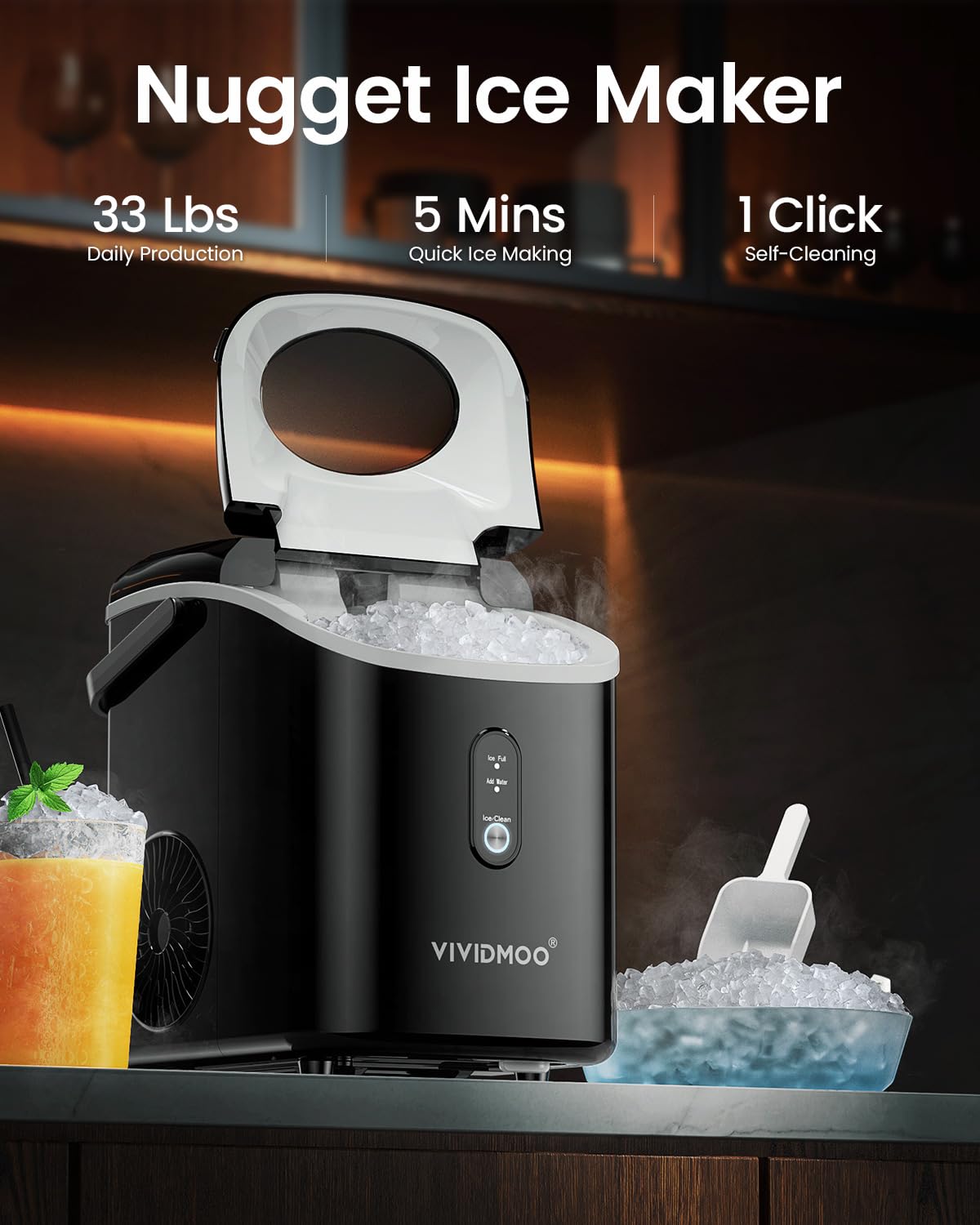 VIVIDMOO Nugget Ice Maker Countertop, 34lbs/Day, Portable Sonic Pebble Ice Maker with Self-Cleaning, Fast Ice in 6 Mins, Compact Crushed Pellet Ice Machine for Home/Office/Kitchen/RV/Camping, Black