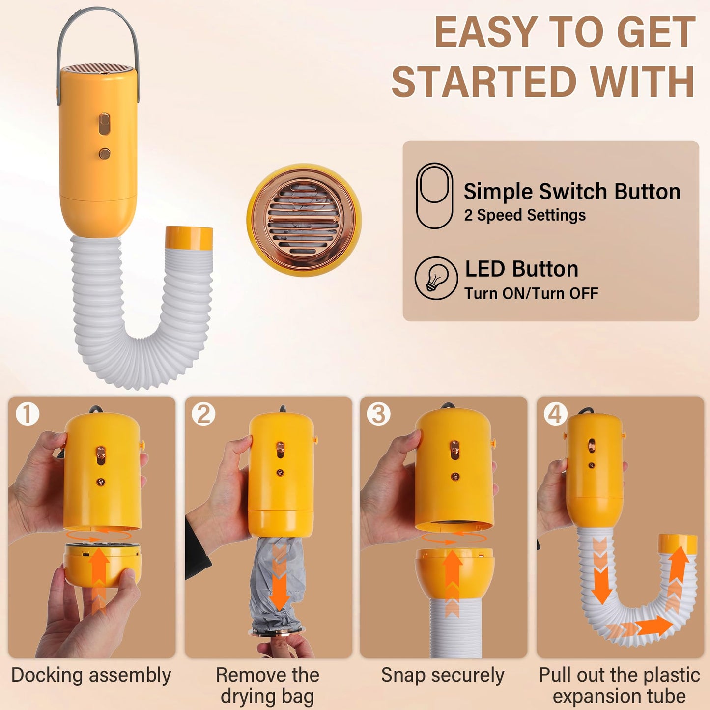 Domivans Portable Clothes Dryer - Compact Dryer for Travel, RV, Apartment, Home Detachable Mini Drying Machine with Fabric Cover for Light Clothes, Underwear|Yellow
