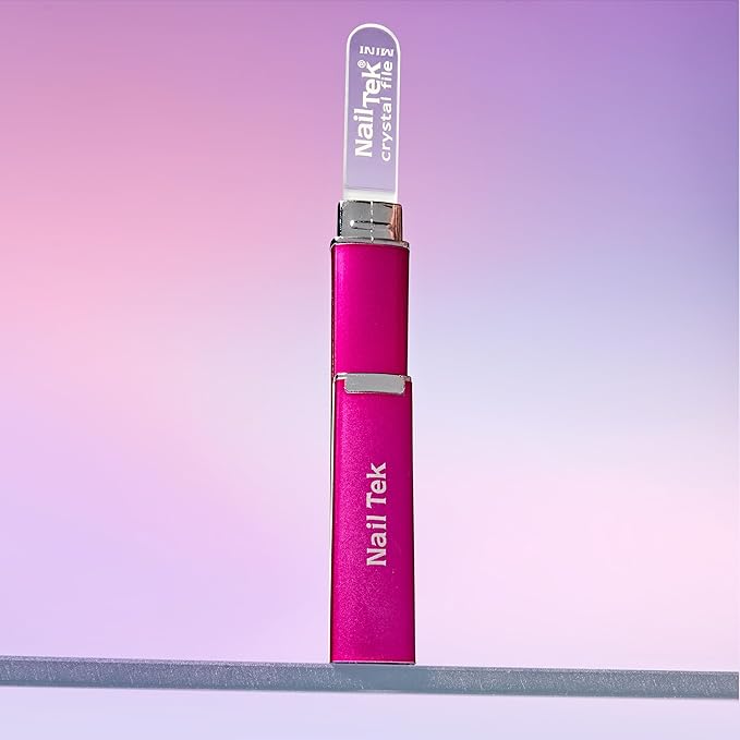 Nail Tek Crystal File - Glass Nail File with Case, Durable & Gentle for Natural Nails, Travel-Friendly Design, Fuchsia, Mini 3"