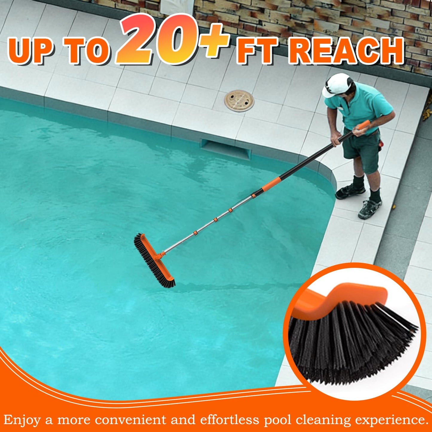 SISIUPASSIE Pool Brush Kit with Pole, Upgrade 18" Pool Brush and High-Efficiency Stainless Steel Bristles Brush with Telescopic Pole for Cleaning Pool Walls, Curved Ends, Tiles & Floors, 20 FT