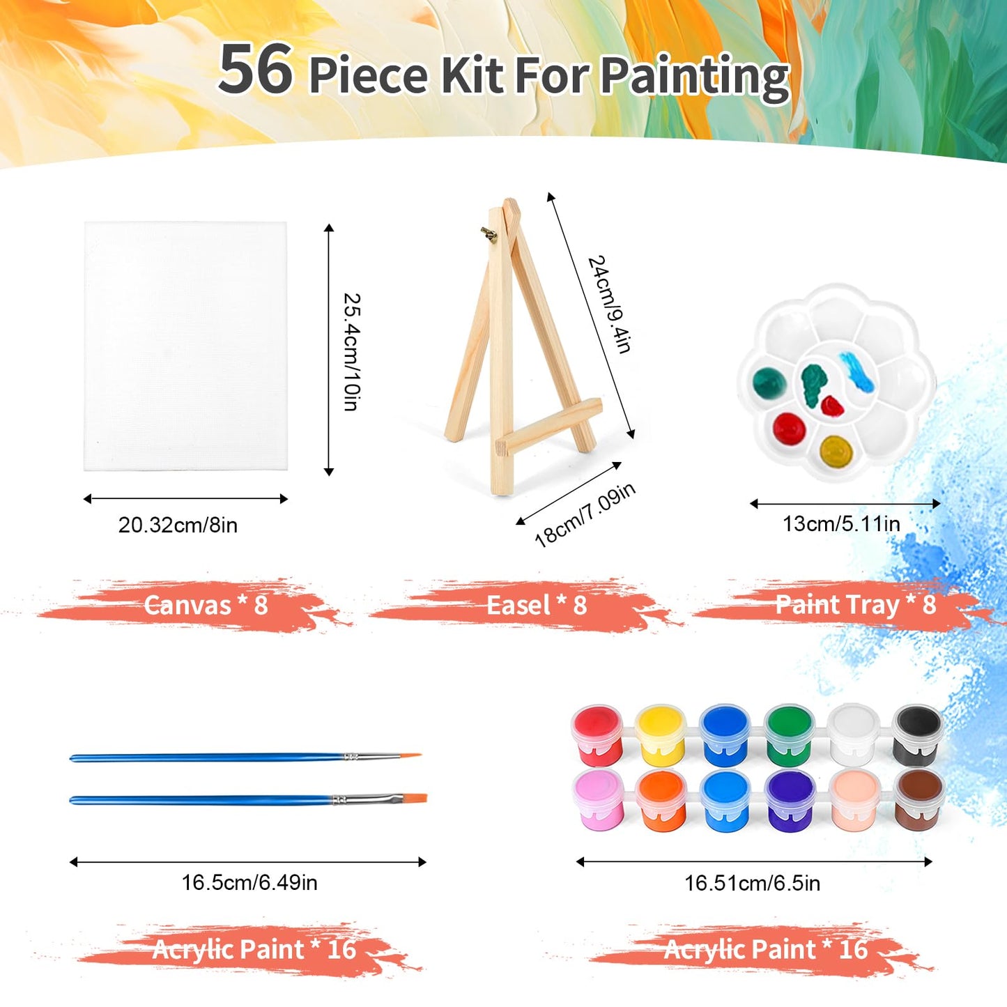 8 Pack 8 * 10In Canvas Boards for Painting, Art Canvas for Drawing with 16 Brushes & 8 Paint Trays & 16 Acrylic Paint, Mini Painting Canvas with Easel Set, Painting Kits for Adults Party