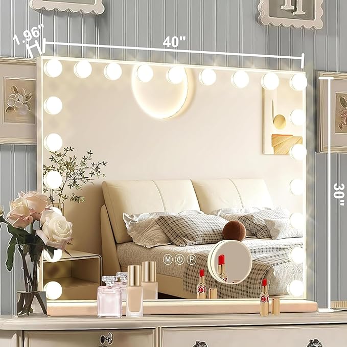 Hollywood Vanity Mirror with Lights, 21 Dimmable Bulbs, 3 Color Lights,Make Up Lighted Mirror, Aluminum Metal Frame, USB Charging Port(40" x 30")