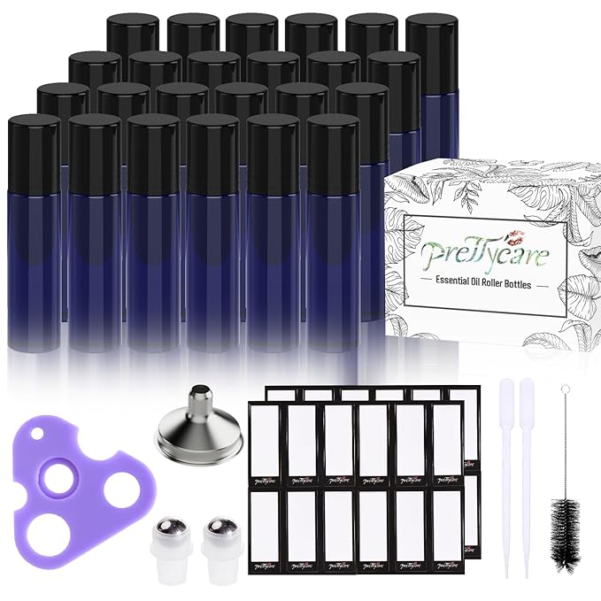 PrettyCare Roller Bottles For Oils 10 ml (Blue Glass, 24 Pack, 2 Extra Stainless Steel Balls, 2 droppers, 1 small brush, 24 Labels, 1 Opener, 1 Funnels Essential Oil Roller Bottles, Roller on Bottles